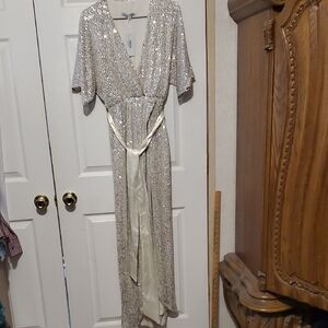 Baltic Born Silver and Cream Evening Dress with Satin Tag Detail Size Small